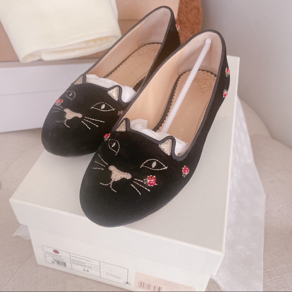 Last price drop！Charlotte Olympia Kitty Velvet Ballet Flats in Black Size Euro34